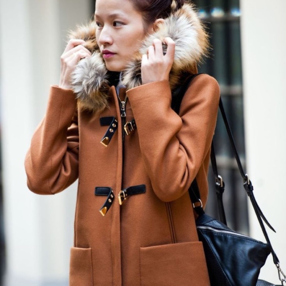 Zara Duffle Coat Camel Faux Fur Hooded Jacket
